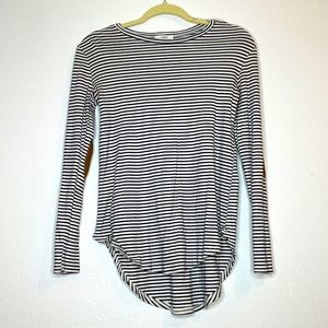 Navy white striped long sleeve tunic with suede elbow pads.